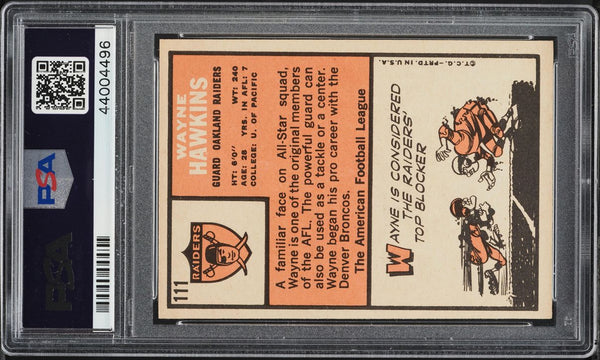 1966 Topps FB Card #111 Wayne Hawkins Oakland Raiders PSA 7 NRMT (MGD2)