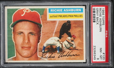1956 Topps BB Card #120 Richie Ashburn Philadelphia Phillies HOF PSA 8 NM-MT (MGD2)