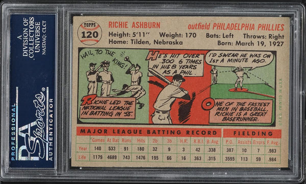 1956 Topps BB Card #120 Richie Ashburn Philadelphia Phillies HOF PSA 8 NM-MT (MGD2)