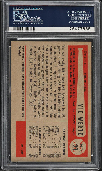 1954 Bowman BB Card # 21 Vic Wertz Baltimore Orioles PSA 7 NRMT (MGD2)