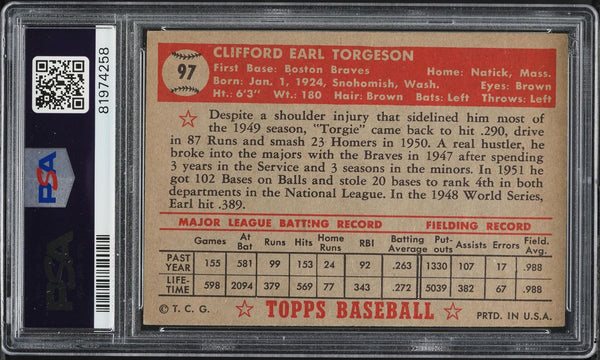 1952 Topps BB Card # 97 Earl Torgeson Boston Braves PSA 5 EX (MGD2)