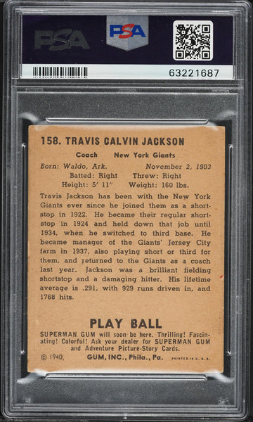 1940 Play Ball BB Card #158 Stonewall Jackson New York Giants HOF PSA 4 VGEX (MGD2)