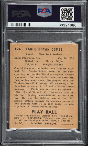 1940 Play Ball BB Card #124 Earl Colonel Combs New York Yankees HOF PSA 4 VGEX (MGD2)