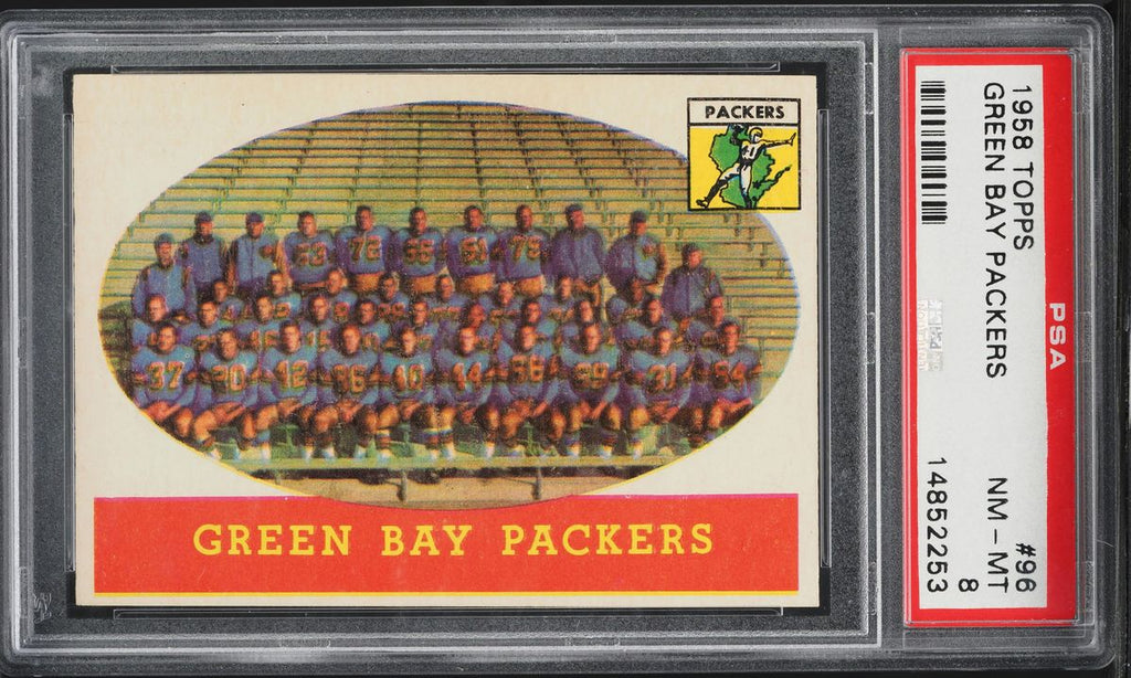 1958 Topps FB Card # 96 Green Bay Packers TEAM CARD PSA 8 NM-MT (MGD2)