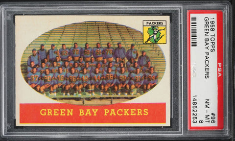 1958 Topps FB Card # 96 Green Bay Packers TEAM CARD PSA 8 NM-MT (MGD2)
