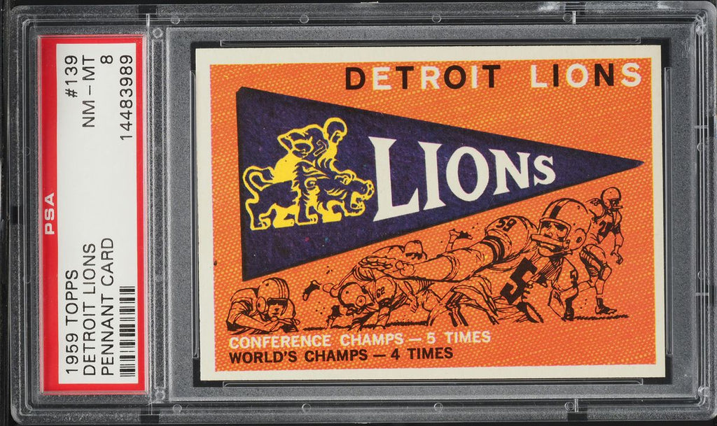 1959 Topps FB Card #139 Detroit Lions PENNANT CARD PSA 8 NM-MT (MGD2)
