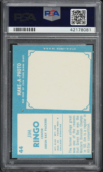 1961 Topps FB Card # 44 Jim Ringo Green Bay Packers HOF PSA 8 NM-MT (MGD2)