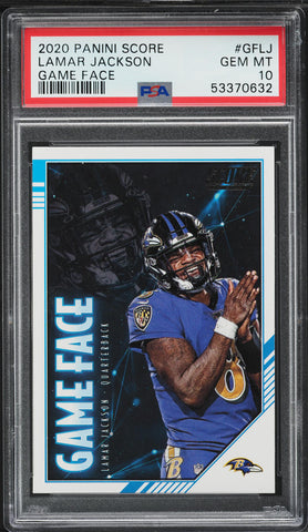 2020 Score FB Card #GF-LJ Game Face Lamar Jackson Baltimore Ravens PSA 10 (MGD2)