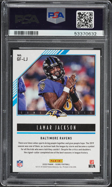 2020 Score FB Card #GF-LJ Game Face Lamar Jackson Baltimore Ravens PSA 10 (MGD2)