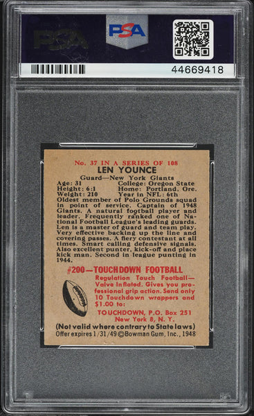 1948 Bowman FB Card # 37 Len Younce New York Giants ROOKIE RC PSA 6 EXMT (MGD2)
