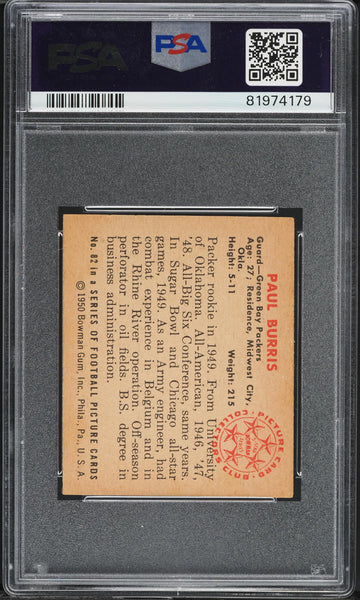 1950 Bowman FB Card # 82 Paul Burris Green Bay Packers ROOKIE RC PSA 6 EXMT (MGD2)