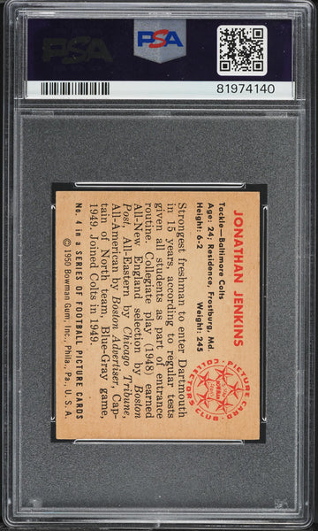 1950 Bowman FB Card # 4 Jonathan Jenkins Baltimore Colts PSA 5.5 EX+ (MGD2)