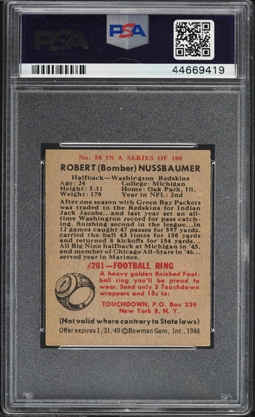 1948 Bowman FB Card # 58 Robert Nussbaumer Washington Redskins ROOKIE RC PSA 7 (MGD2)