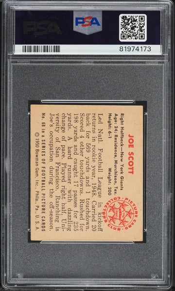 1950 Bowman FB Card # 68 Joe Scott New York Giants PSA 5.5 EX+ (MGD2)
