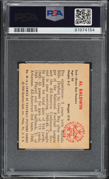 1950 Bowman FB Card # 46 Al Baldwin Green Bay Packers ROOKIE RC PSA 6 EXMT (MGD2)