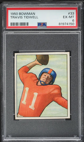 1950 Bowman FB Card # 33 Travis Tidwell New York Giants ROOKIE RC PSA 6 EXMT (MGD2)
