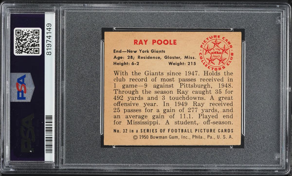 1950 Bowman FB Card # 32 Ray Poole New York Giants PSA 6 EXMT (MGD2)