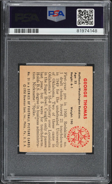 1950 Bowman FB Card # 31 George Thomas Washington Redskins ROOKIE RC PSA 6 EXMT (MGD2)