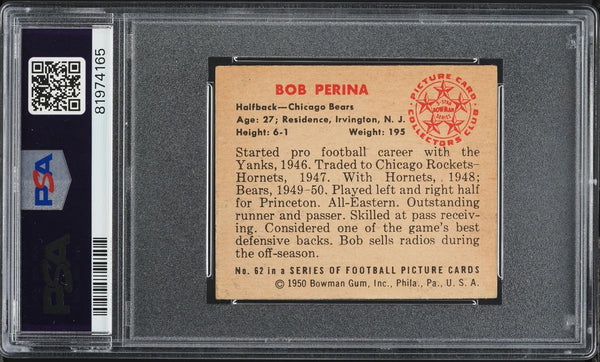 1950 Bowman FB Card # 62 Bob Perina Chicago Bears ROOKIE RC PSA 5 EX (MGD2)