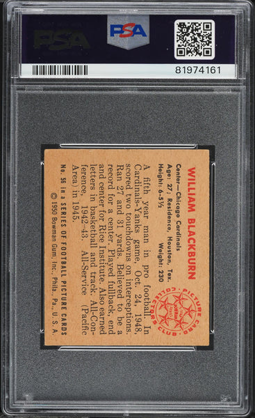 1950 Bowman FB Card # 56 Bill Blackburn Chicago Cardinals ROOKIE RC PSA 5.5 EX+ (MGD2)