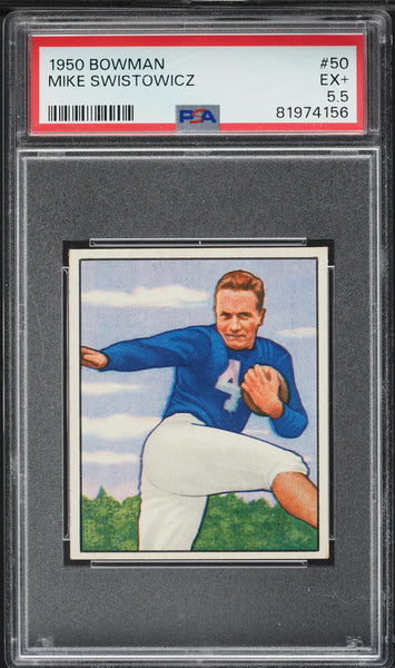 1950 Bowman FB Card # 50 Mike Swistowicz New York Yanks ROOKIE RC PSA 5.5 EX+ (MGD2)