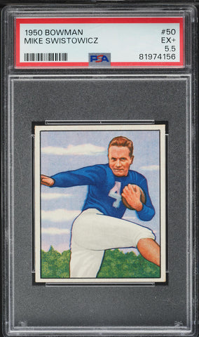 1950 Bowman FB Card # 50 Mike Swistowicz New York Yanks ROOKIE RC PSA 5.5 EX+ (MGD2)