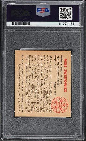 1950 Bowman FB Card # 50 Mike Swistowicz New York Yanks ROOKIE RC PSA 5.5 EX+ (MGD2)