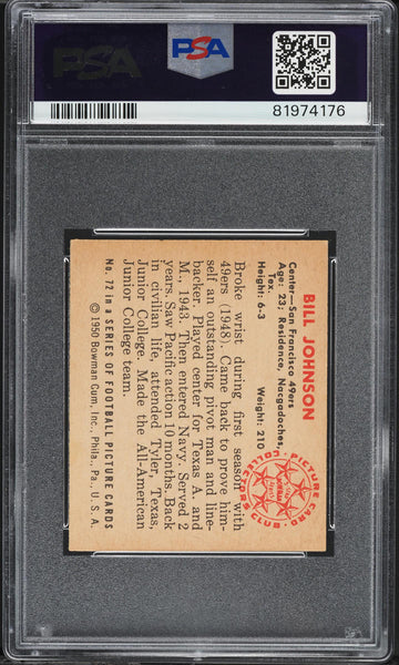 1950 Bowman FB Card # 72 Bill Johnson San Francisco 49ers ROOKIE RC PSA 7 NRMT (MGD2)