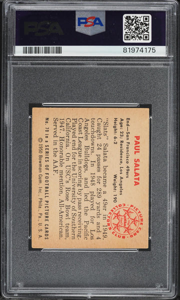 1950 Bowman FB Card # 70 Paul Salata San Francisco 49ers ROOKIE RC PSA 6 EXMT (MGD2)