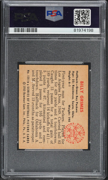 1950 Bowman FB Card #120 Billy Grimes Green Bay Packers ROOKIE RC PSA 7.5 NRMT+ (MGD2)
