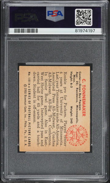 1950 Bowman FB Card #118 Clayton Tonemaker Green Bay Packers HOF ROOKIE RC PSA 6 (MGD2)