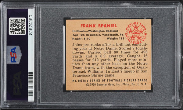 1950 Bowman FB Card #102 Frank Spaniel Washington Redskins ROOKIE RC PSA 6 EXMT (MGD2)