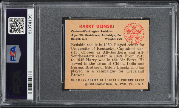 1950 Bowman FB Card #101 Harry Ulinski Washington Redskins ROOKIE RC PSA 5.5 EX+ (MGD2)