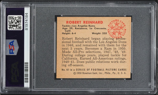 1950 Bowman FB Card # 87 Bob Reinhard Los Angeles Rams ROOKIE RC PSA 6 EXMT (MGD2)