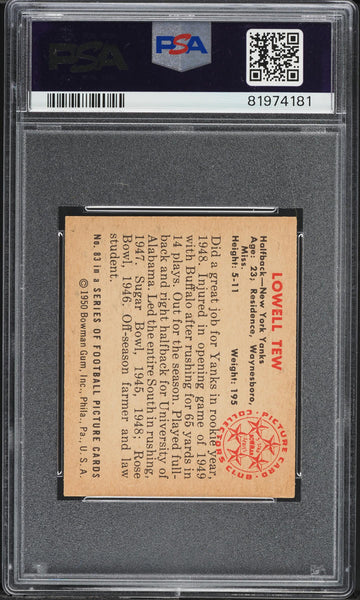1950 Bowman FB Card # 83 Lowell Tew New York Yanks ROOKIE RC PSA 7 NRMT (MGD2)