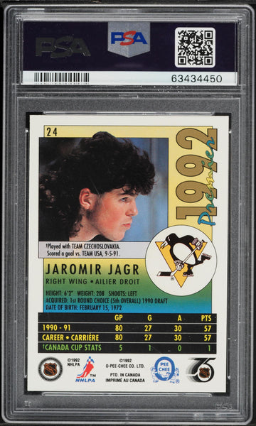 1991 O-Pee-Chee Premier  Hockey Card # 24 Jaromir Jagr Penguins PSA 10 GEM MINT (MGD2)