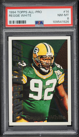 1994 Topps FB Card # 14 Reggie White Green Bay Packers HOF ALL-PRO PSA 8 NM-MT (MGD2)