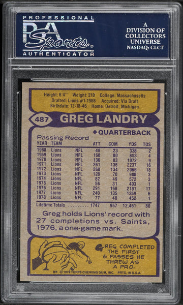 1979 Topps FB Card #487 Greg Landry Detroit Lions PSA 9 MINT (MGD2)