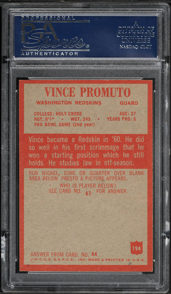 1965 Philadelphia FB Card #194 Vince Promuto Washington Redskins HOF PSA 8 NM-MT (MGD2)