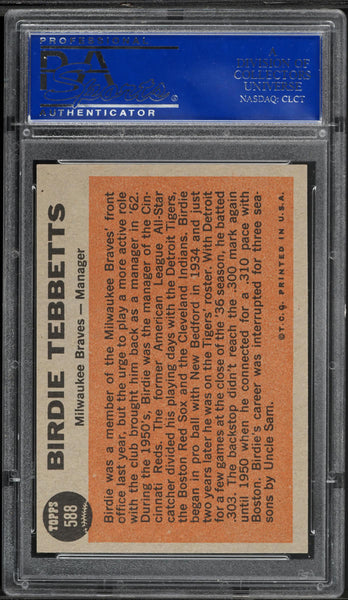 1962 Topps BB Card #588 Birdie Tebbetts Milwaukee Braves MANAGER PSA 7 NRMT (MGD2)