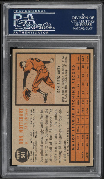 1962 Topps BB Card #541 Don Nottebart Milwaukee Braves SP PSA 7 NRMT (MGD2)