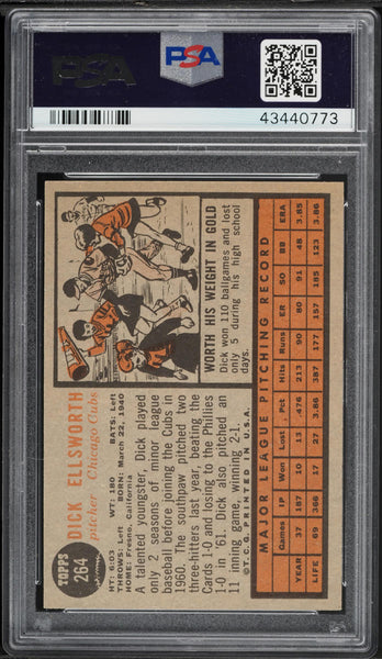 1962 Topps BB Card #264 Dick Ellsworth Chicago Cubs PSA 7 NRMT (MGD2)