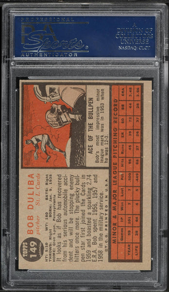 1962 Topps BB Card #149 Bob Duliba St. Louis Cardinals PSA 7.5 NRMT+ (MGD2)