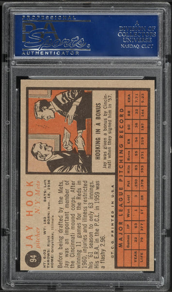 1962 Topps BB Card # 94 Jay Hook New York Mets PSA 7 NRMT (MGD2)