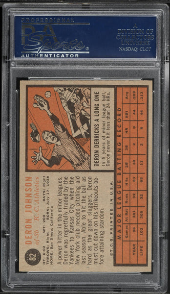 1962 Topps BB Card # 82 Deron Johnson Kansas City Athletics PSA 7 NRMT (MGD2)