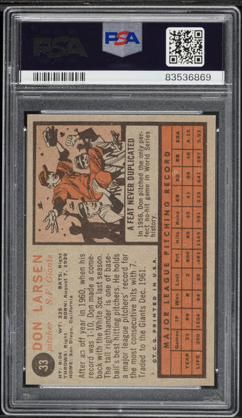 1962 Topps BB Card # 33 Don Larsen San Francisco Giants PSA 7 NRMT (MGD2)