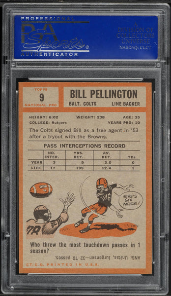 1962 Topps FB Card # 9 Bill Pellington Baltimore Colts PSA 7 NRMT (MGD2)