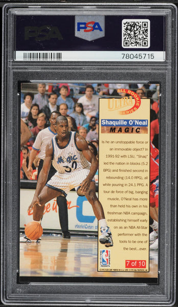 1992 Ultra All-Rookies BkB Card # 7 Shaquille O'Neal HOF ROOKIE RC PSA 9 MINT (MGD2)