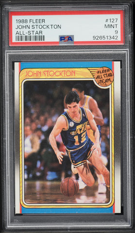 1988 Fleer BkB Card #127 John Stockton Utah Jazz HOF ROOKIE RC PSA 9 MINT (MGD2)
