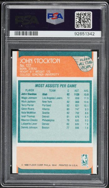 1988 Fleer BkB Card #127 John Stockton Utah Jazz HOF ROOKIE RC PSA 9 MINT (MGD2)